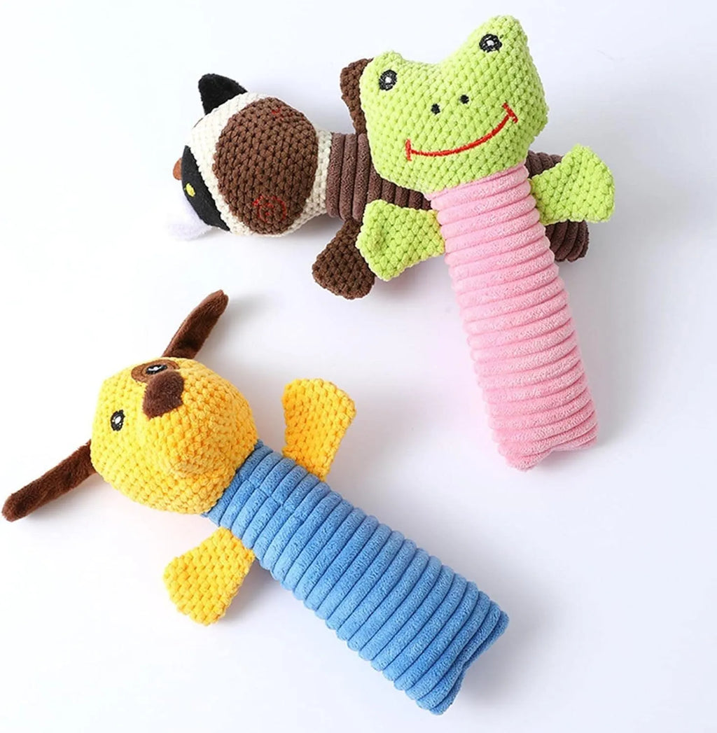 Squeaky dog chew toys in calf, frog and puppy shapes with dental cleaning features