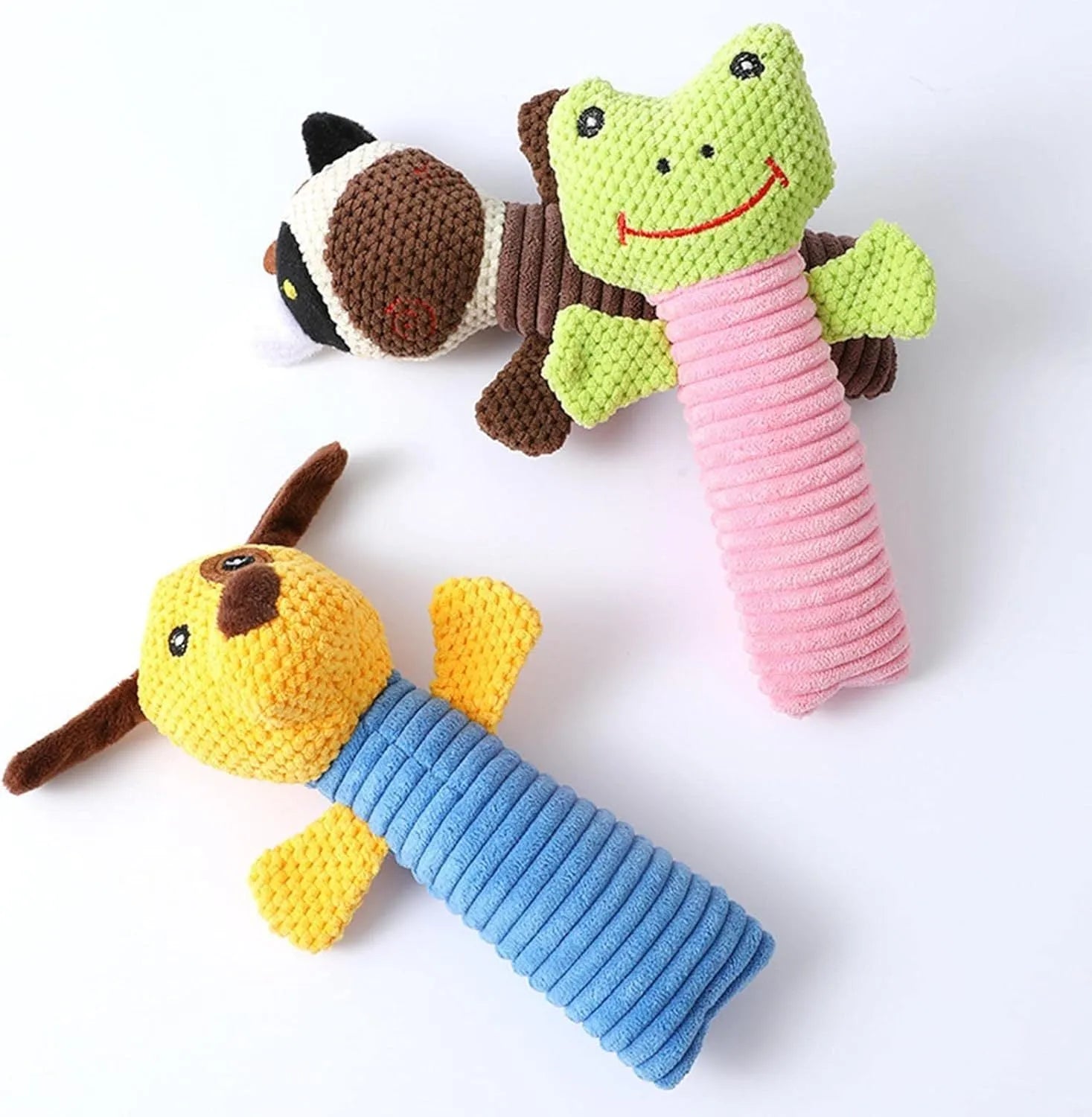 Squeaky dog chew toys in calf, frog and puppy shapes with dental cleaning features