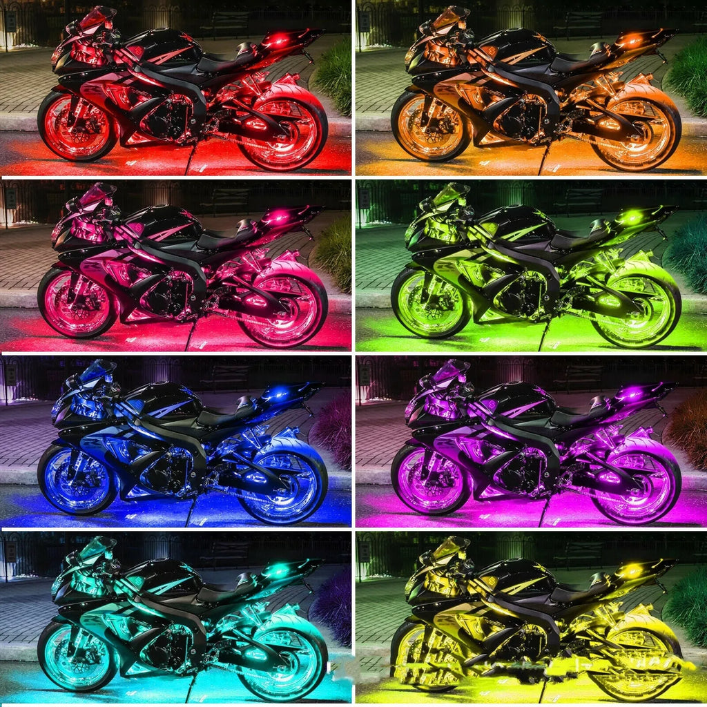 Black silicone LED atmosphere light bar for vehicles with wireless remote control showing RGB lighting effects