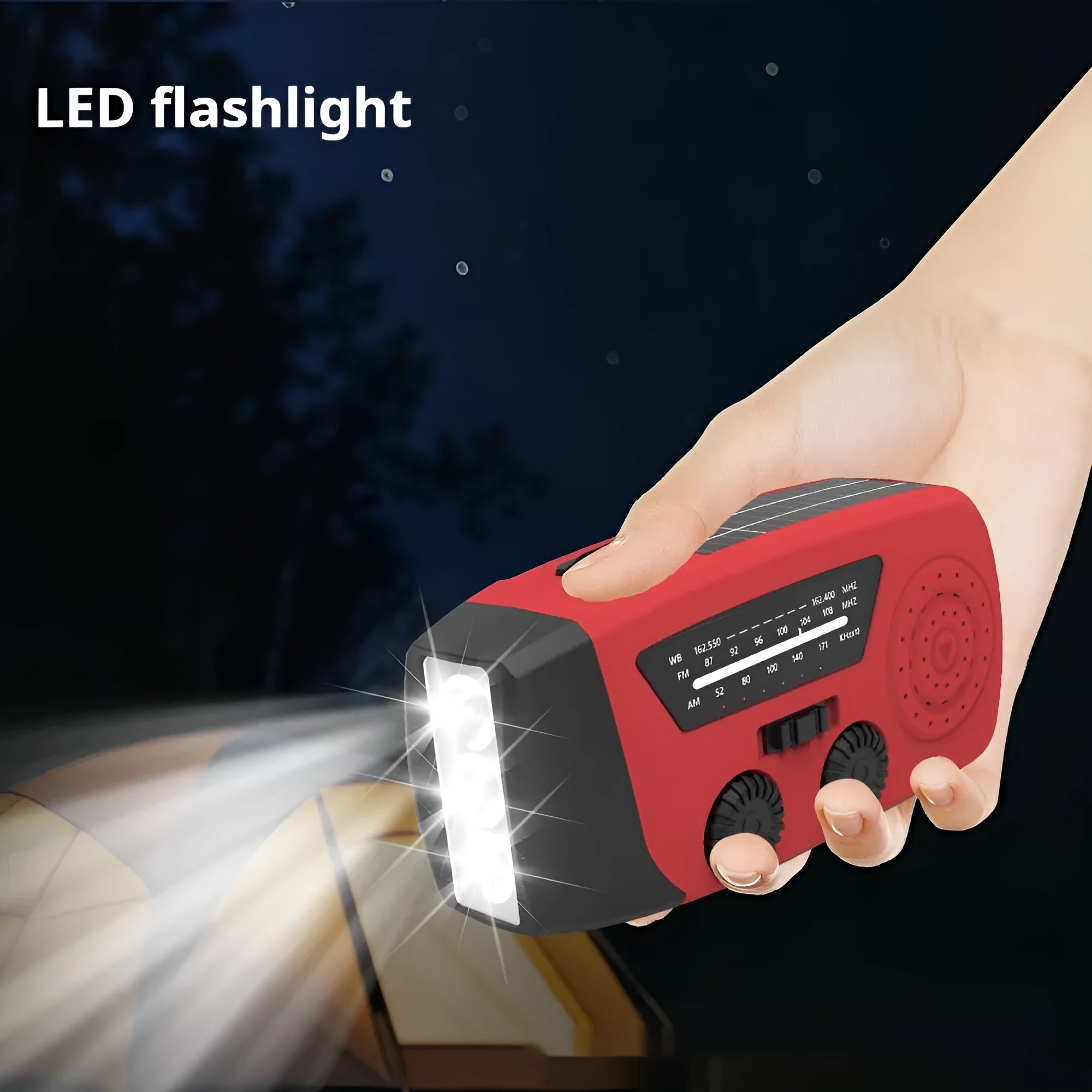 Red rechargeable emergency hand radio and torch with wrist strap and Type-C charging cable