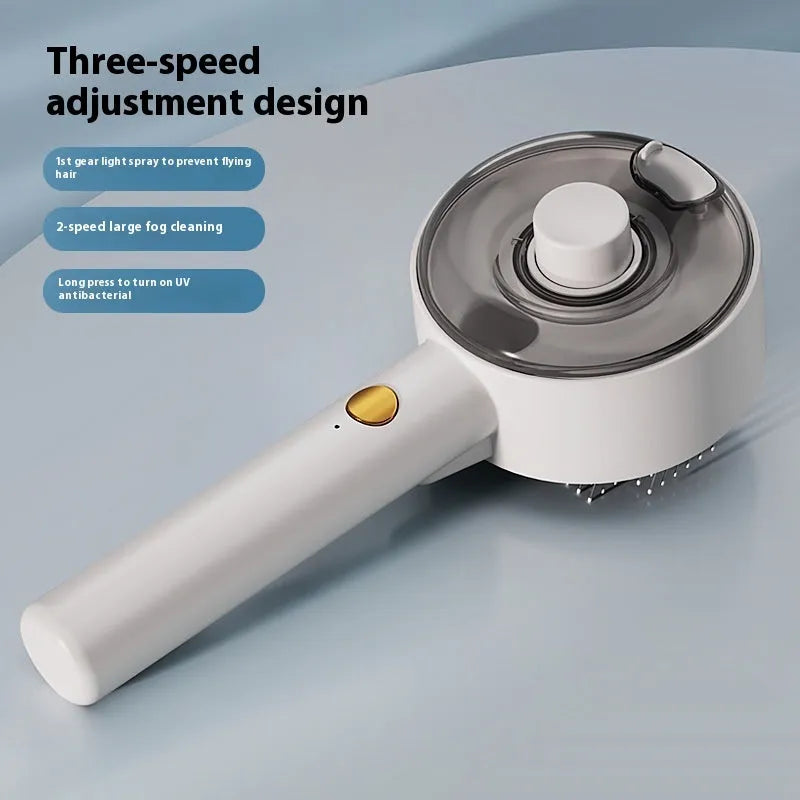 Ceramic White pet grooming brush with UVC light, mist spray nozzle, and soft needle head for dogs and cats.