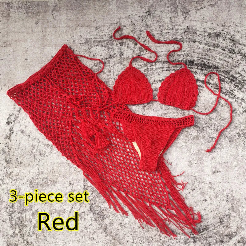 Women's 3-piece handmade crochet bikini set with nylon lining in solid colour options for beach and swimming.