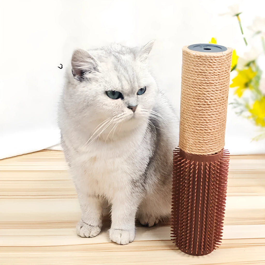 A brown sisal fibre scratching post for cats, standing 30cm tall on a wooden base.