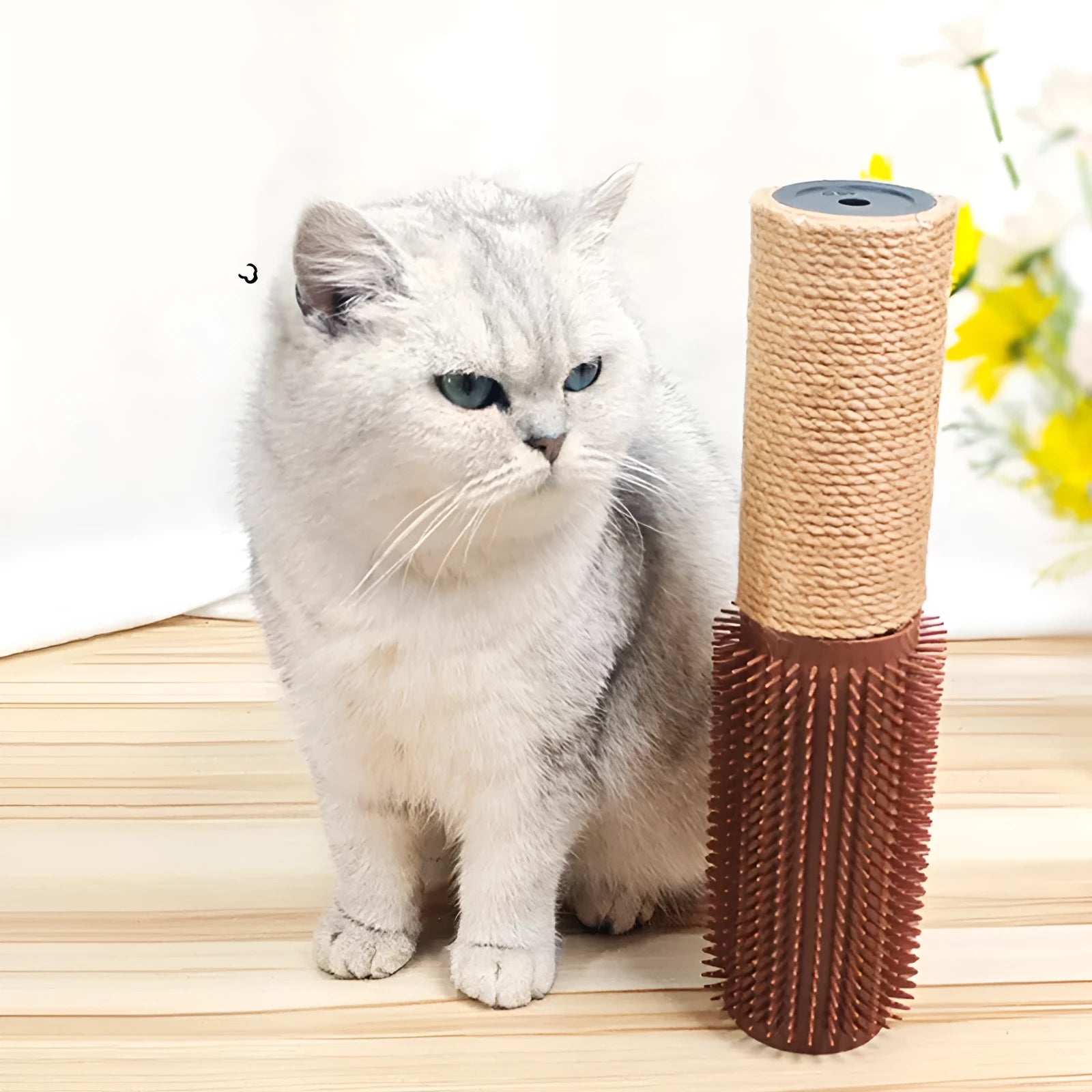 A brown sisal fibre scratching post for cats, standing 30cm tall on a wooden base.