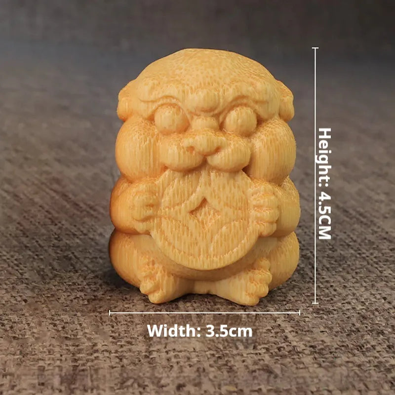 Solid bamboo carving ornament with Take Money motif, 4.5cm tall.