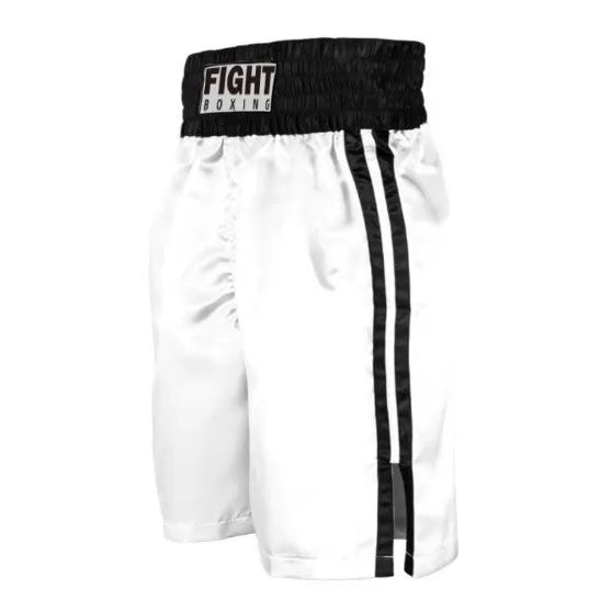 Man wearing black and white kick boxing shorts with white side stripes during a training session.