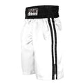 Man wearing black and white kick boxing shorts with white side stripes during a training session.