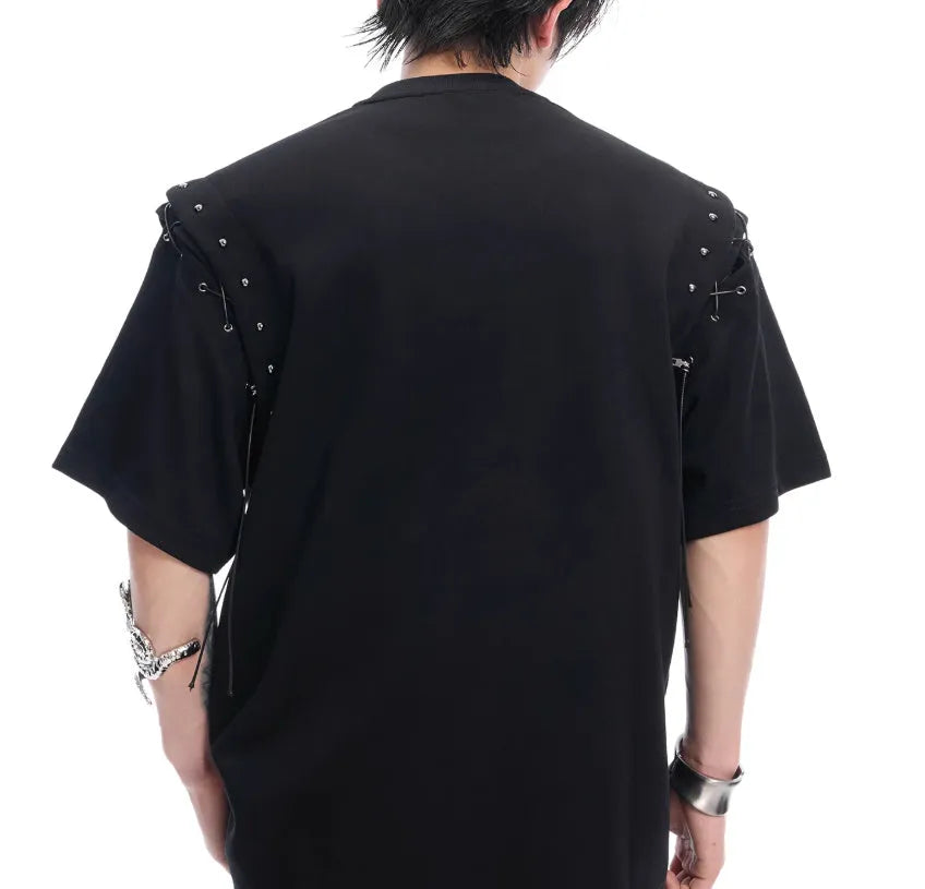 Black short sleeve t-shirt with a vertical lace-up cutout detail on the front.