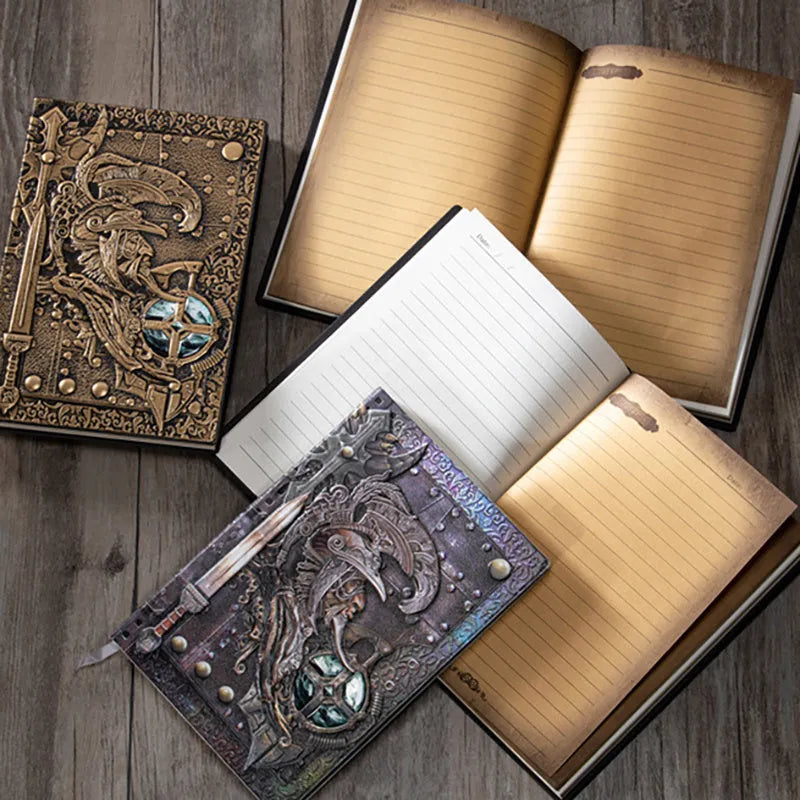 A5 leather notebook with embossed 3D warriors relief design on cover in multiple colour options