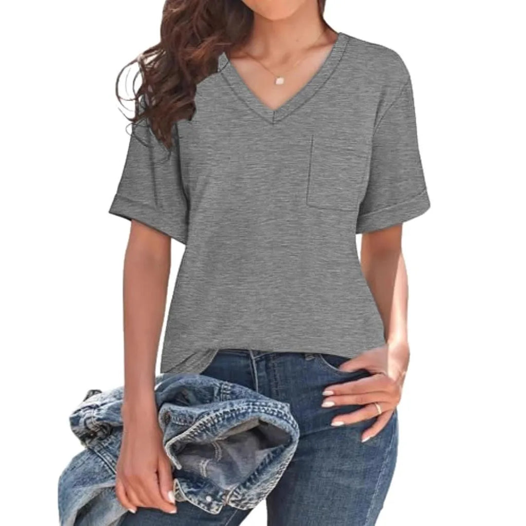Grey loose fit V-neck t-shirt with front pocket and short sleeves