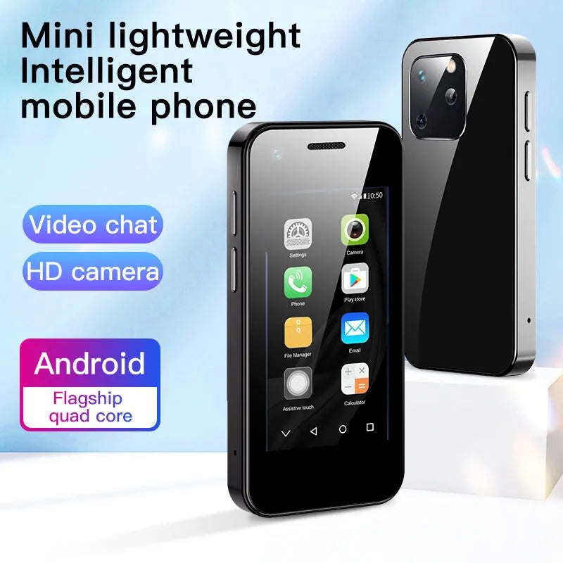 Ultra-compact mini Android smartphone with 2.5-inch screen shown in Phantom Night Black colour.