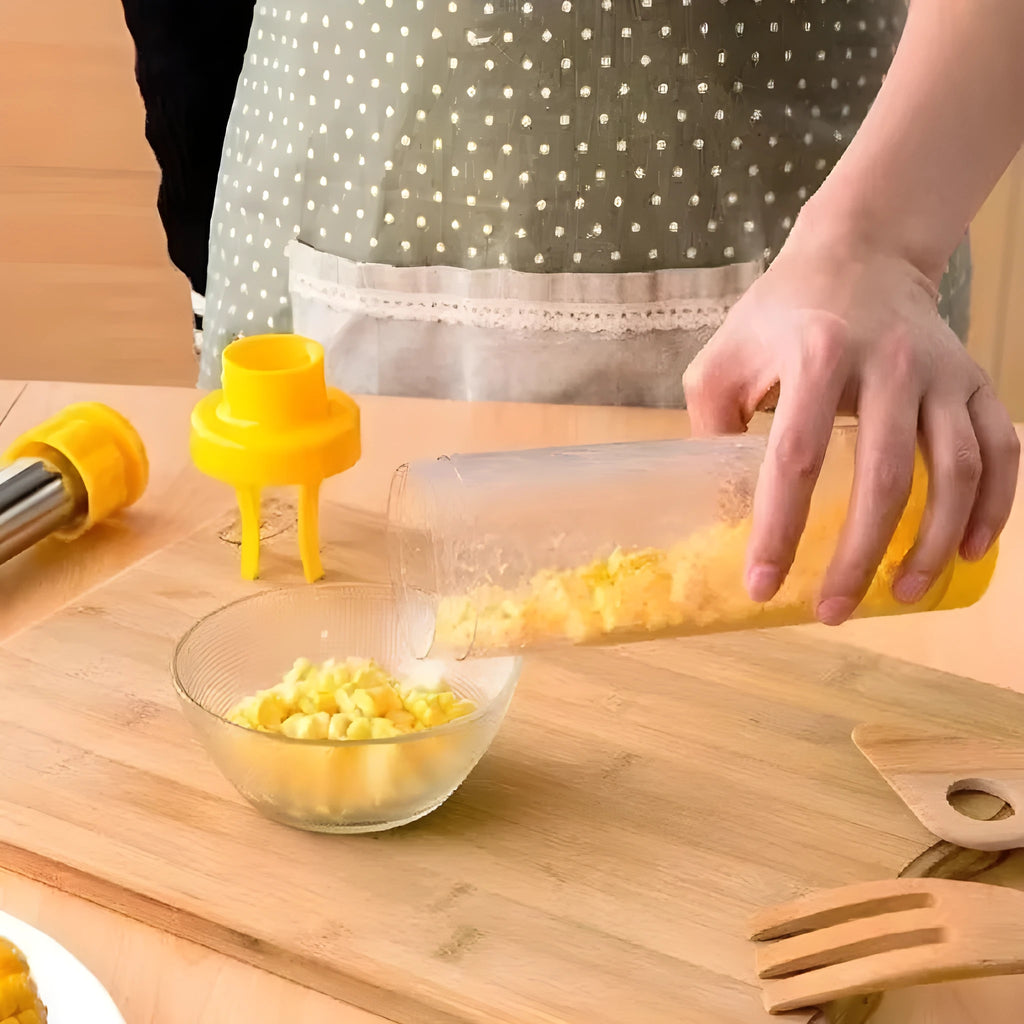 Yellow corn stripper kitchen tool with stainless steel blades for removing kernels