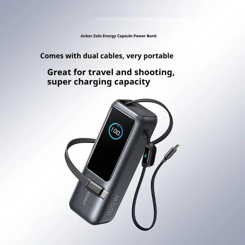 25000mAh fast charging power bank in black with two-wire connection and compact size