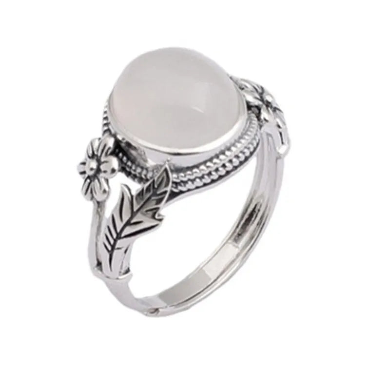 Adjustable open mouth copper vintage ring with white chalcedony colour stone