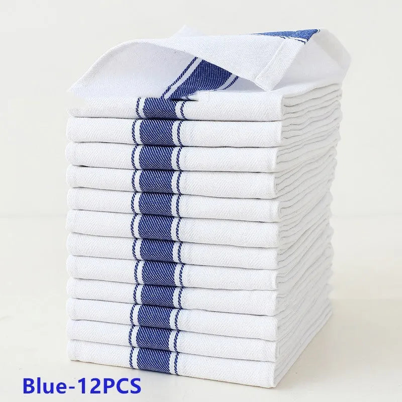 Set of 12 striped cotton kitchen dish towels in black, blue, brown, yellow, and multicolour patterns
