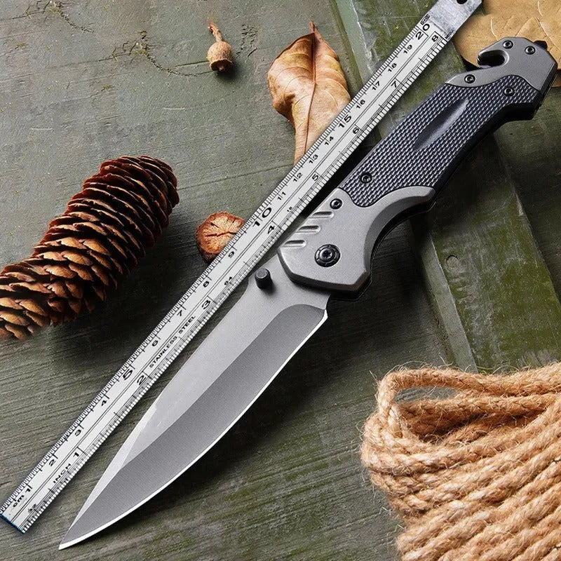 Outdoor folding knife with alloy blade showing handle and blade detail