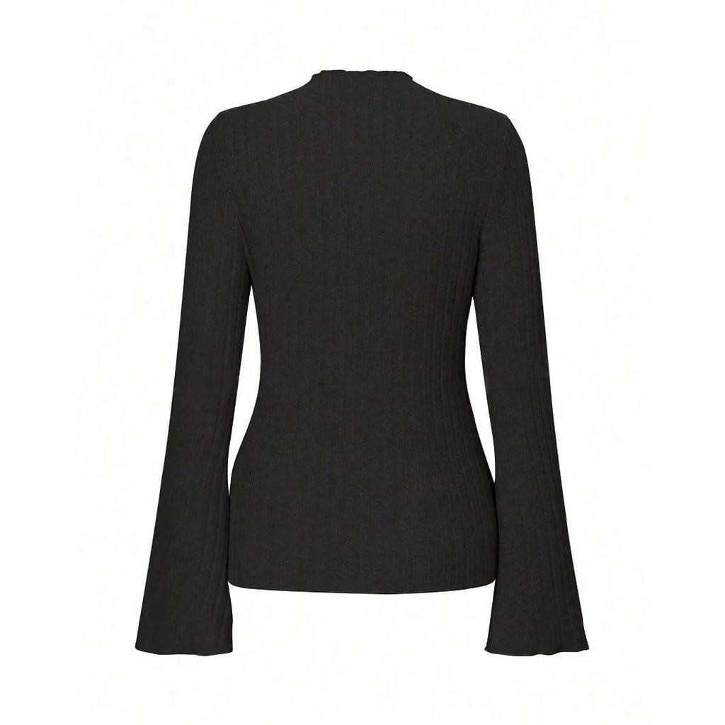 Black long sleeve round neck top with sunken stripe pattern and lantern sleeves