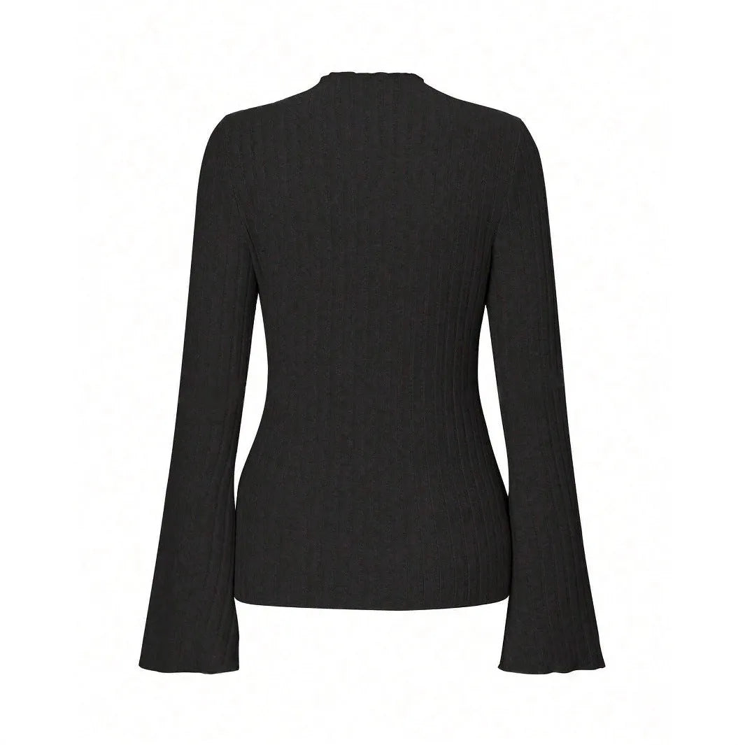 Black long sleeve round neck top with sunken stripe pattern and lantern sleeves