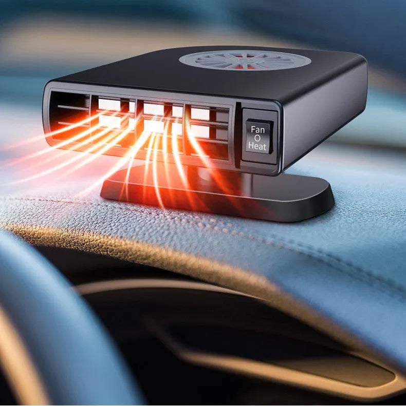 Black 12V vehicle-mounted defroster heater with adjustable vents on a car dashboard.