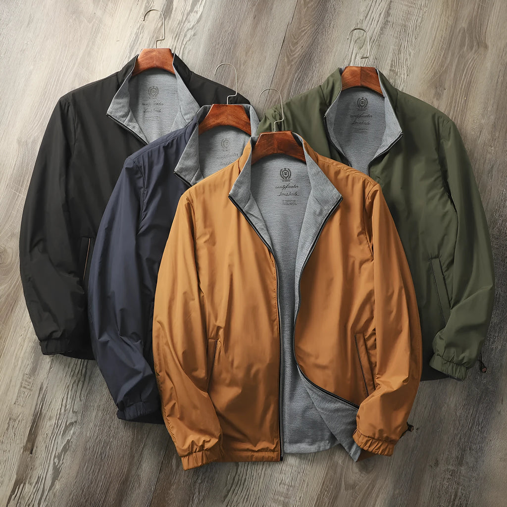 Men's stand collar casual jacket in polyester blend, available in Army Green, Black, Blue, and Orange.