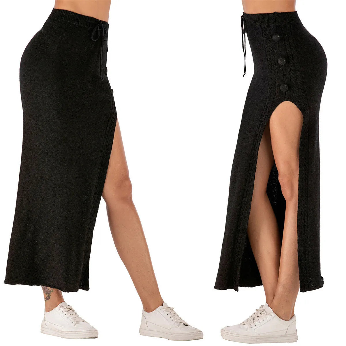 A slim-fit acrylic midi skirt with a split design, shown in black, pink, or grey.