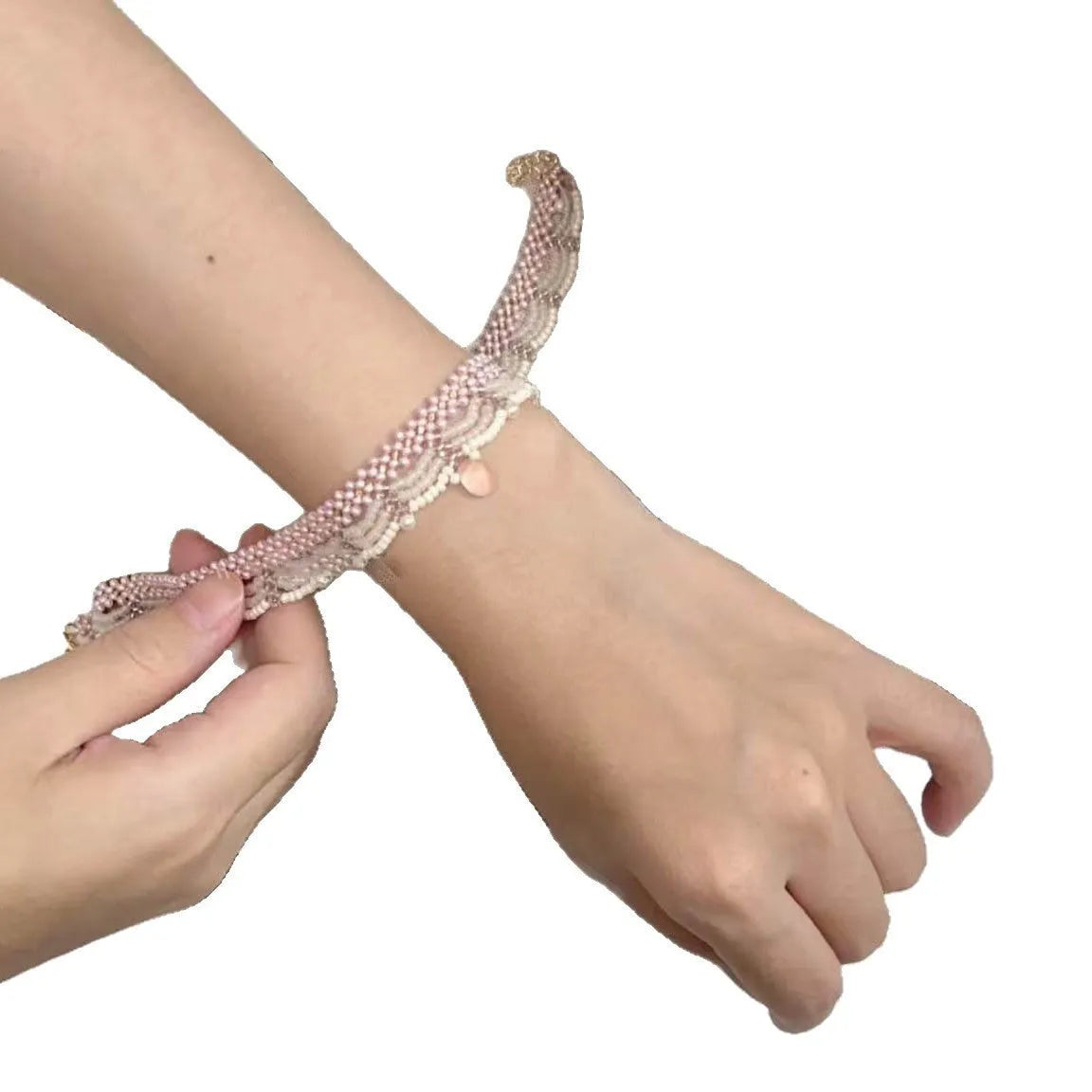 Hand-woven glass beaded wave necklace in pink with alloy pendant and matching bracelet