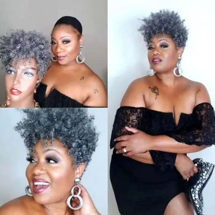 Women's short synthetic wig in a simple rolls style, shown in one of four colours: Black, Brown, Gold, or Gray.