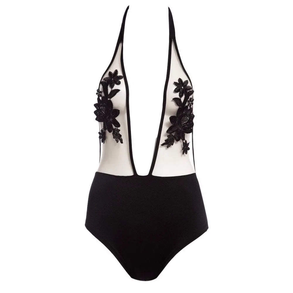 Embroidered halter neck bikini set in wine red showing siamese bottom and shoulder straps