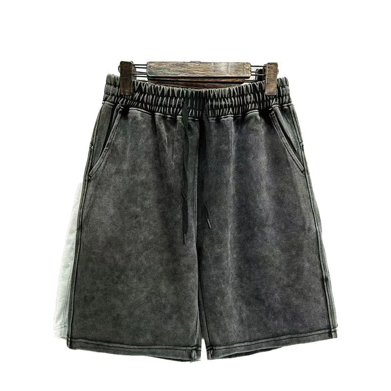 Men's navy blue cotton casual shorts with distressed detailing and a loose straight-leg fit