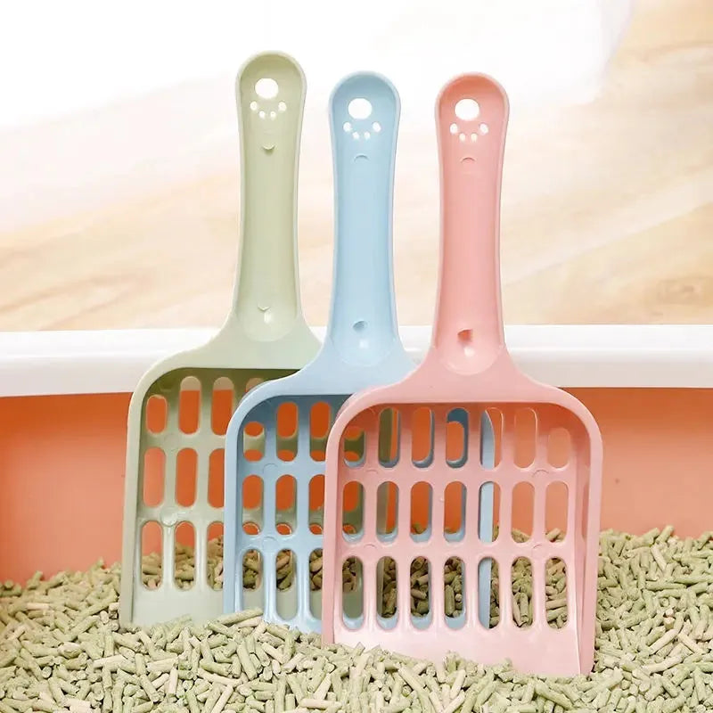 Plastic cat litter scoop in blue, green, or pink colour measuring 20cm long