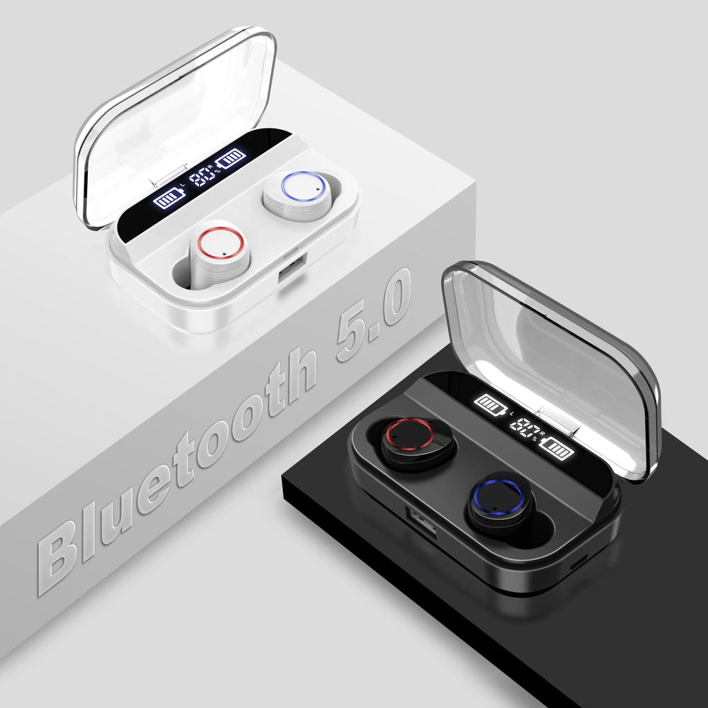 Black X11 wireless Bluetooth earbuds with charging case and six silicone ear tips on a grey background.