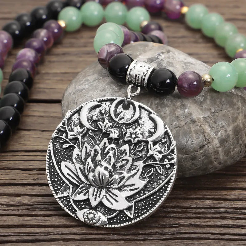 Yoga pendant necklace and matching bracelet with stone beads and geometric alloy pendant design