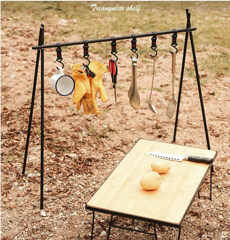 Aluminium alloy foldable camping drying rack with triangle frame and multiple hooks