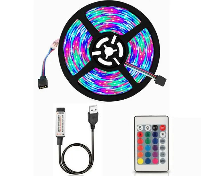 A flexible USB-powered LED light strip with SMD5050 LEDs, showing multiple colour options and a 50cm connecting cable.