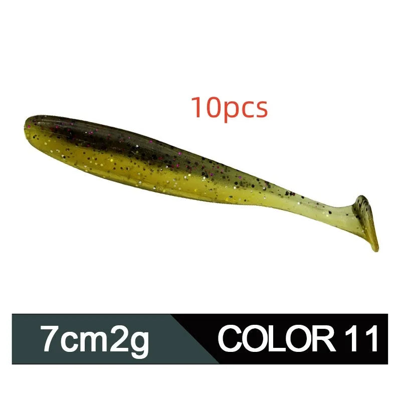 Close-up of a two-tone soft plastic worm fishing lure with a T-tail, measuring 7cm.