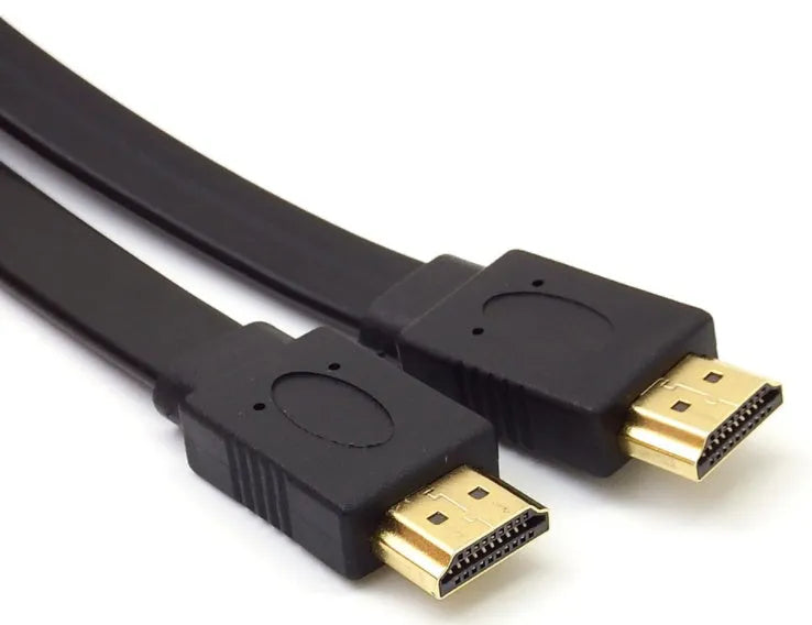 Flat white HDMI cable with connectors on a grey background.