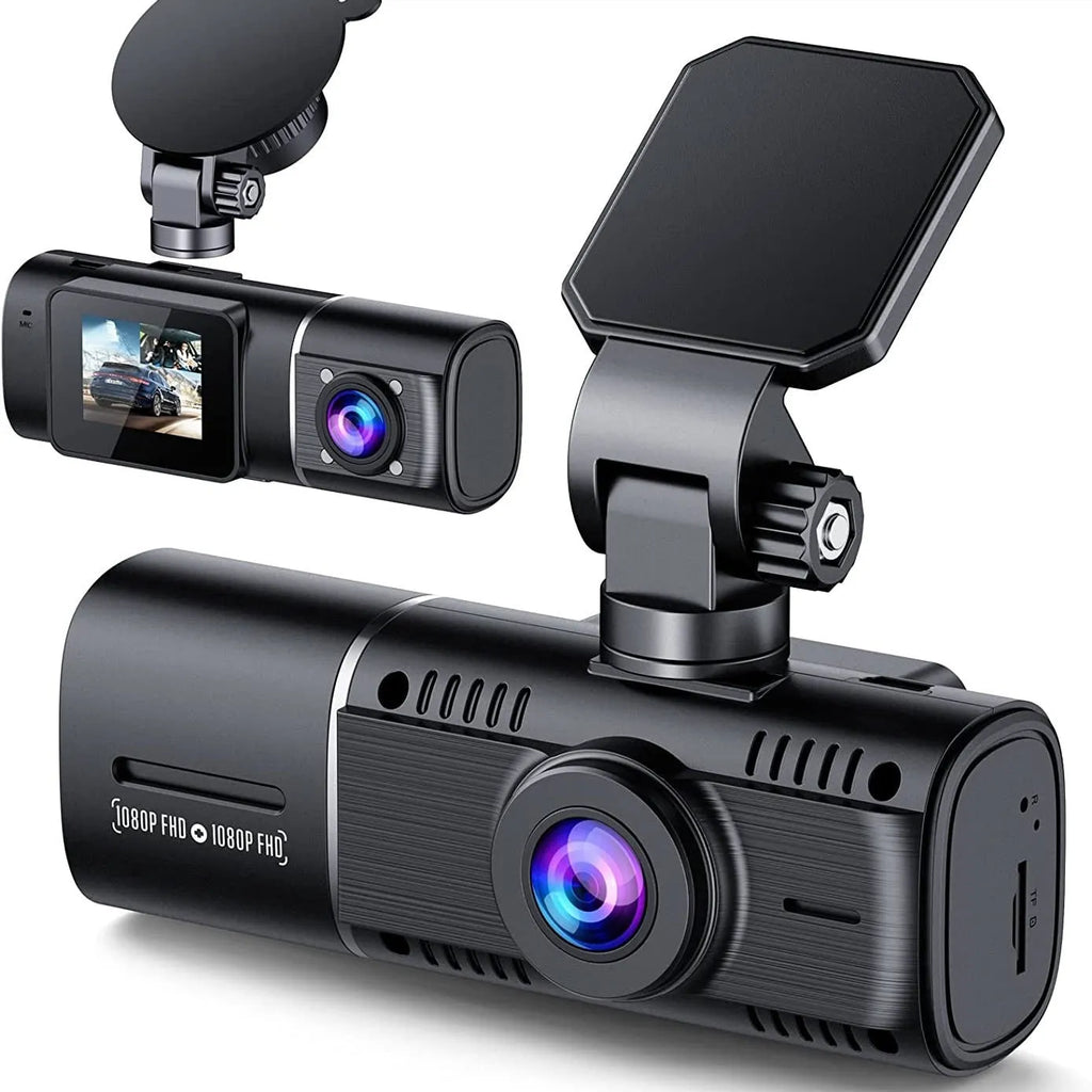 Standard black 1080p dash cam with 1.5-inch screen shown with car charger and mounting stand.