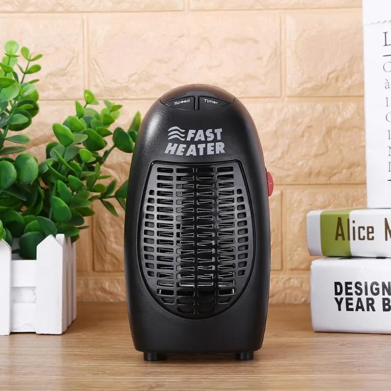 Black mini ceramic electric heater with digital display and rotating three-prong plug