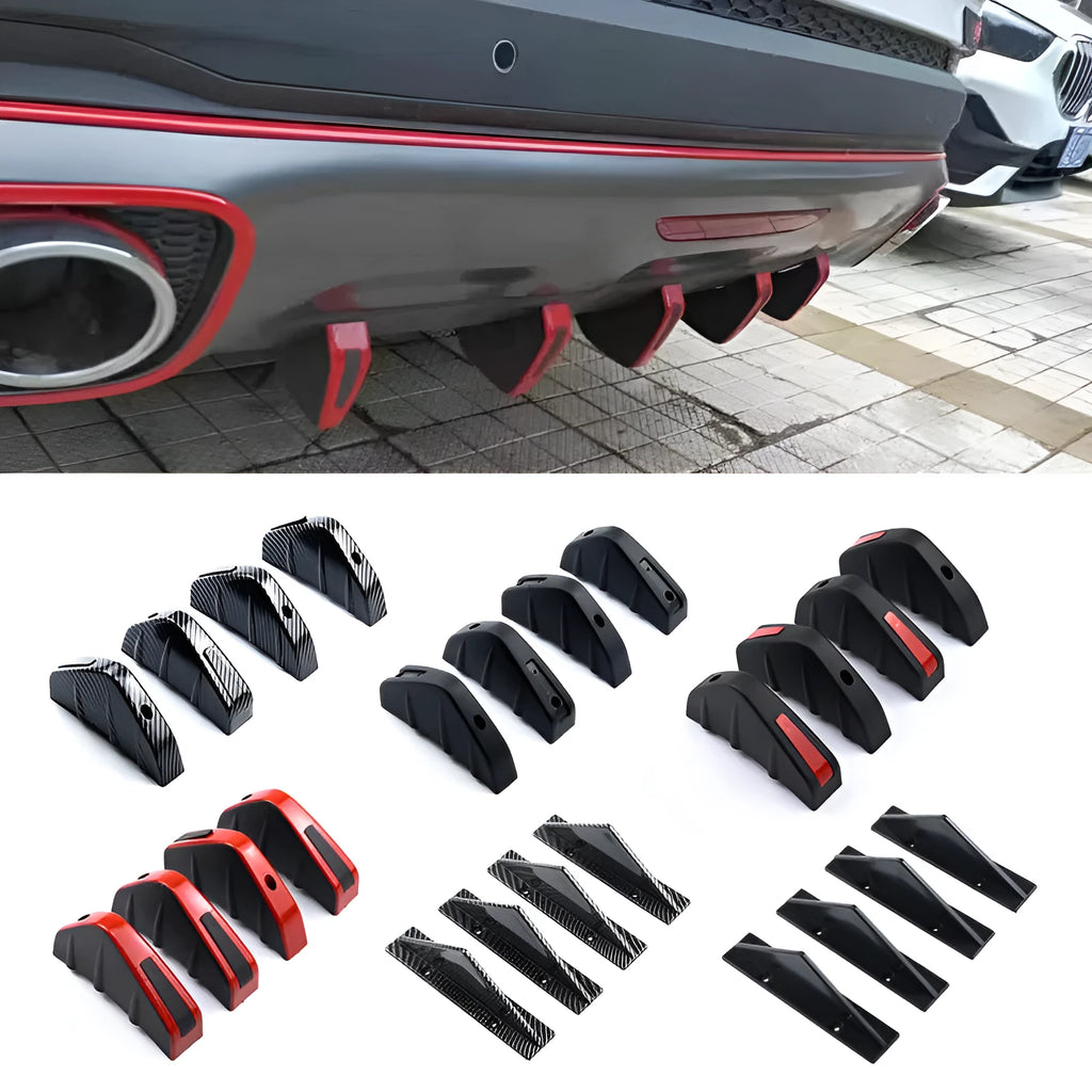 Black universal triangle rear spoiler chassis made of ABS plastic, shown with screws and adhesive.