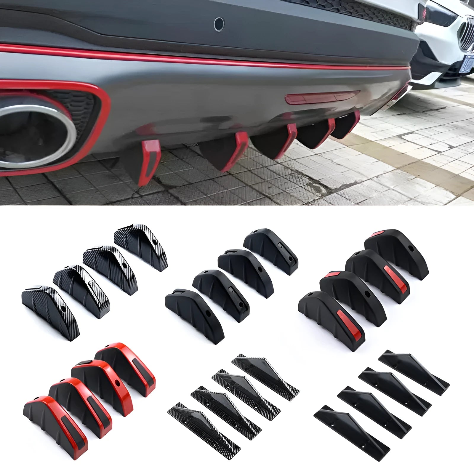 Black universal triangle rear spoiler chassis made of ABS plastic, shown with screws and adhesive.