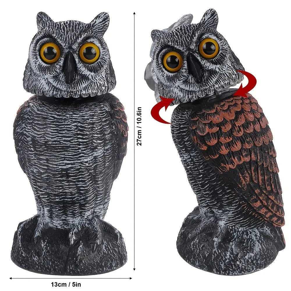 Artificial owl decoy with moving head for scaring birds, available with hook or bag attachments