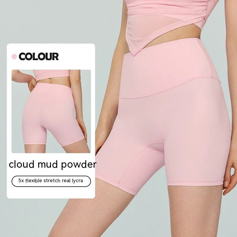 Women's lycra yoga shorts in leaf green colour with high waist and short length design