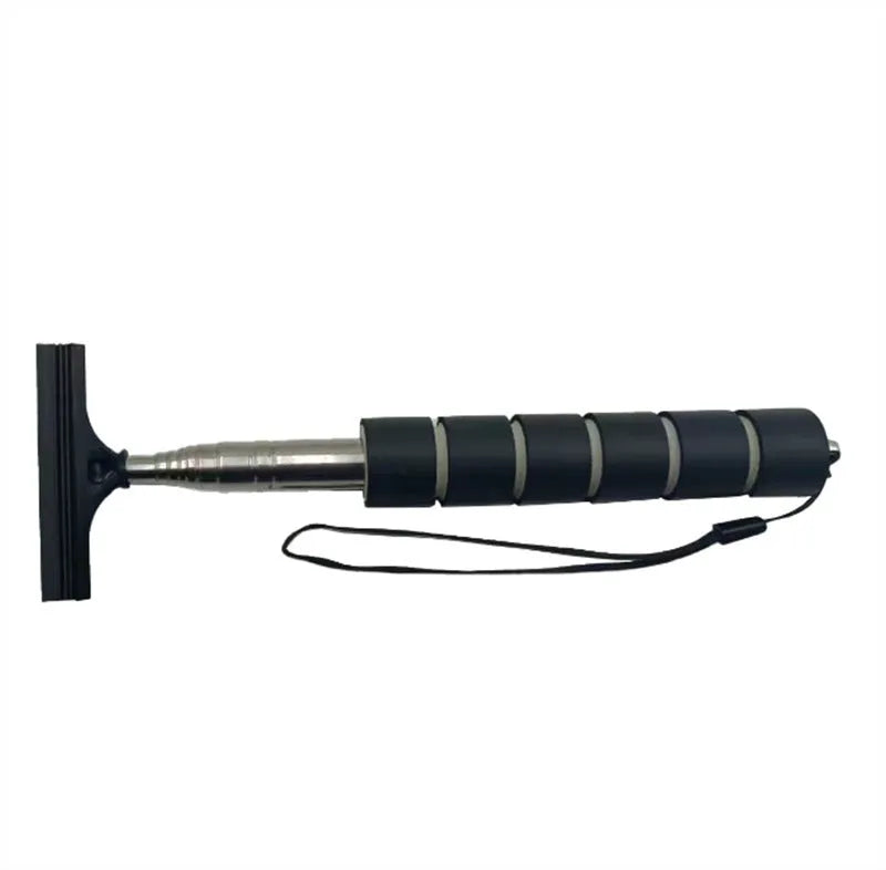 Retractable stainless steel car rearview mirror wiper extended, showing black rubber blade, next to a car side mirror.