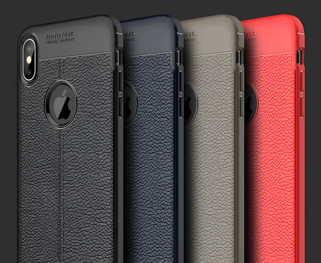 WeFor black PU leather texture case for OnePlus 6 phone, showing slim silicone edges and included screen protector.