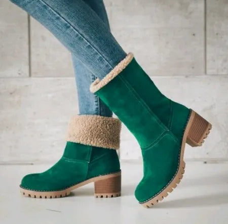 Women's suede mid-tube snow boots in various colours on a beef tendon sole with a waterproof platform.