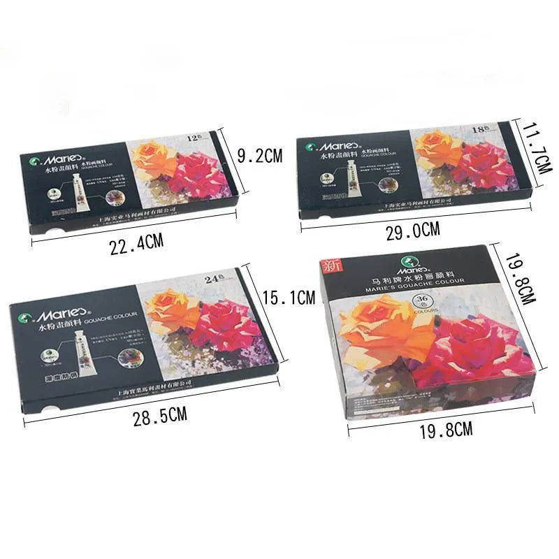 Gouache paint set box showing 12, 18 or 24 colour tubes in 5ml or 12ml sizes