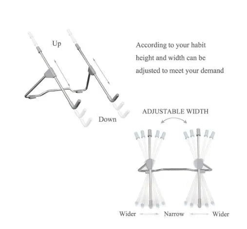 Grey aluminium alloy and plastic adjustable mobile phone and laptop stand shown folded and unfolded.