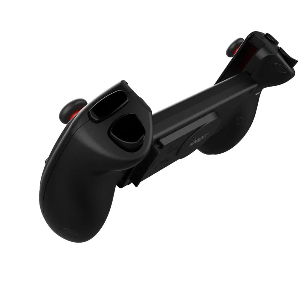Red telescopic Bluetooth gamepad extended with phone inserted, showing USB cable