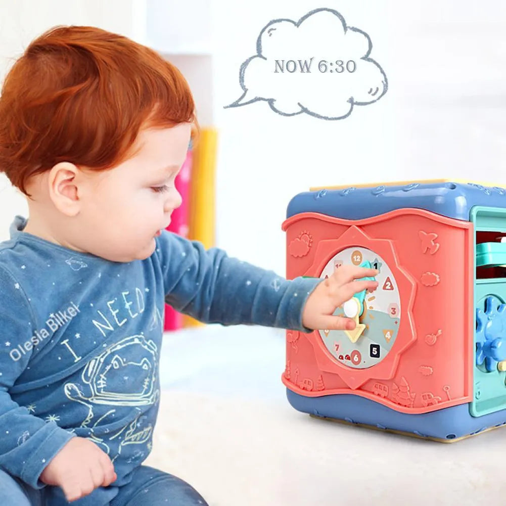 Montessori hexahedron educational toy cube with six different games including bead maze and clock face