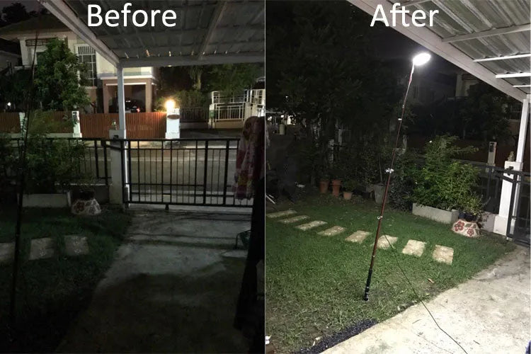 White LED fishing rod light panel mounted on a tall telescopic pole for outdoor use